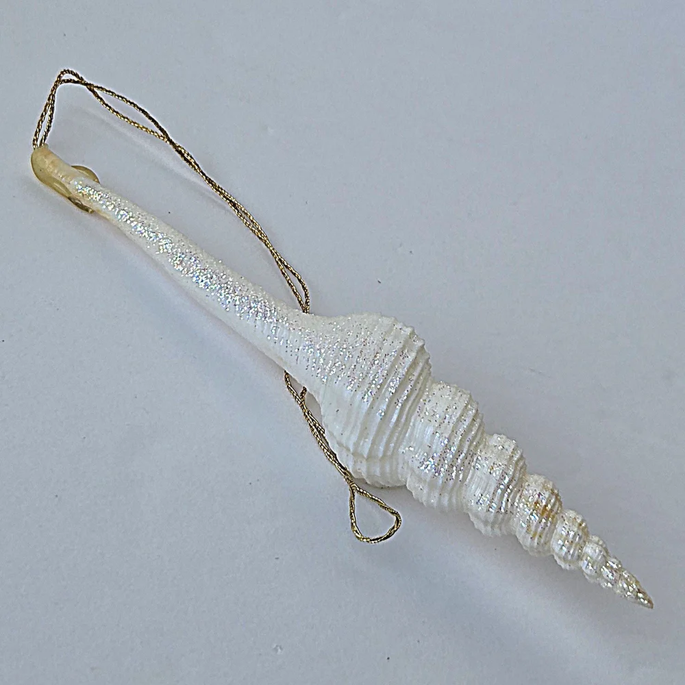 VTG 90s Shimmering Spindle Seashell Ornament White Iridescent Glitter Coastal